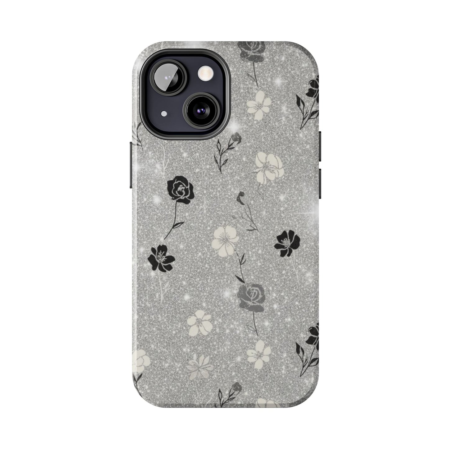 Floral Glitter Tough Phone Case — Black & Silver Vintage Flower Protective Cover