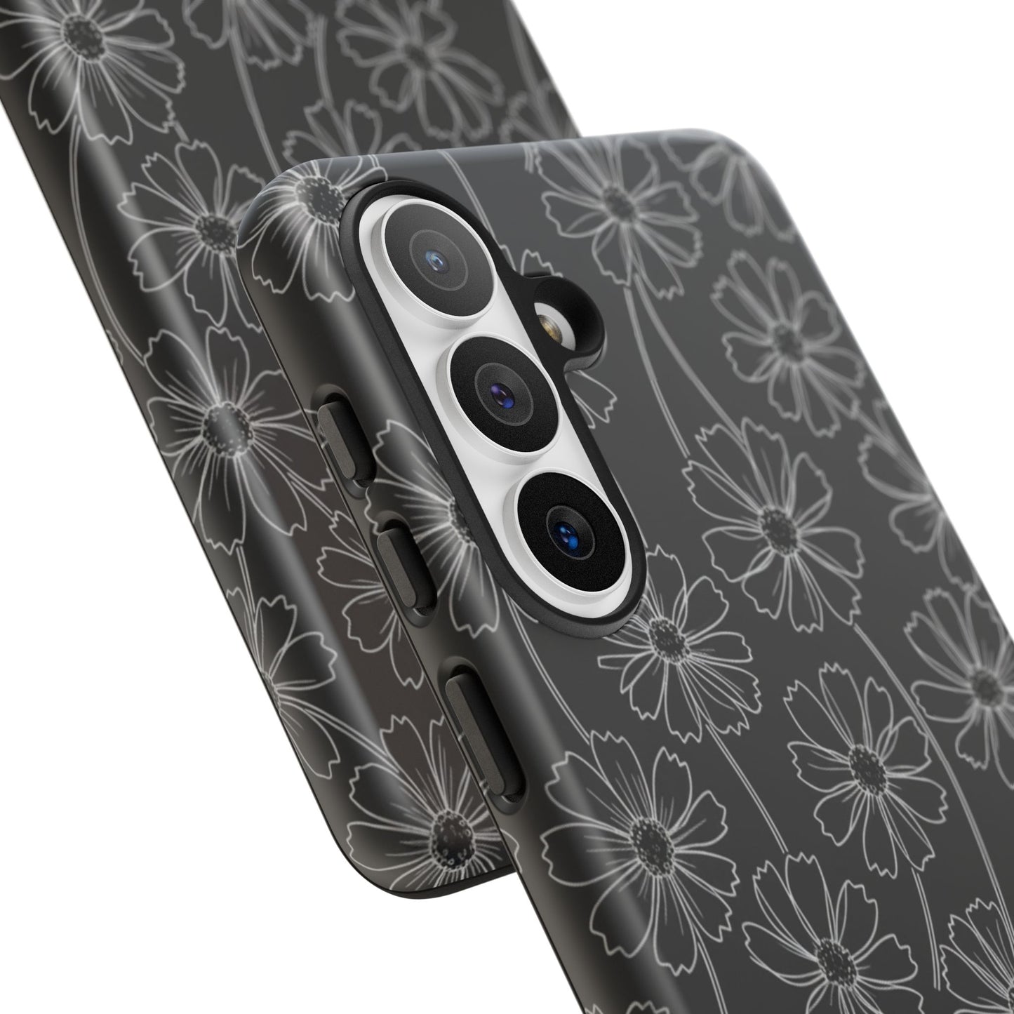 Floral Doodle Tough Phone Case — Black & Gray Daisy Pattern