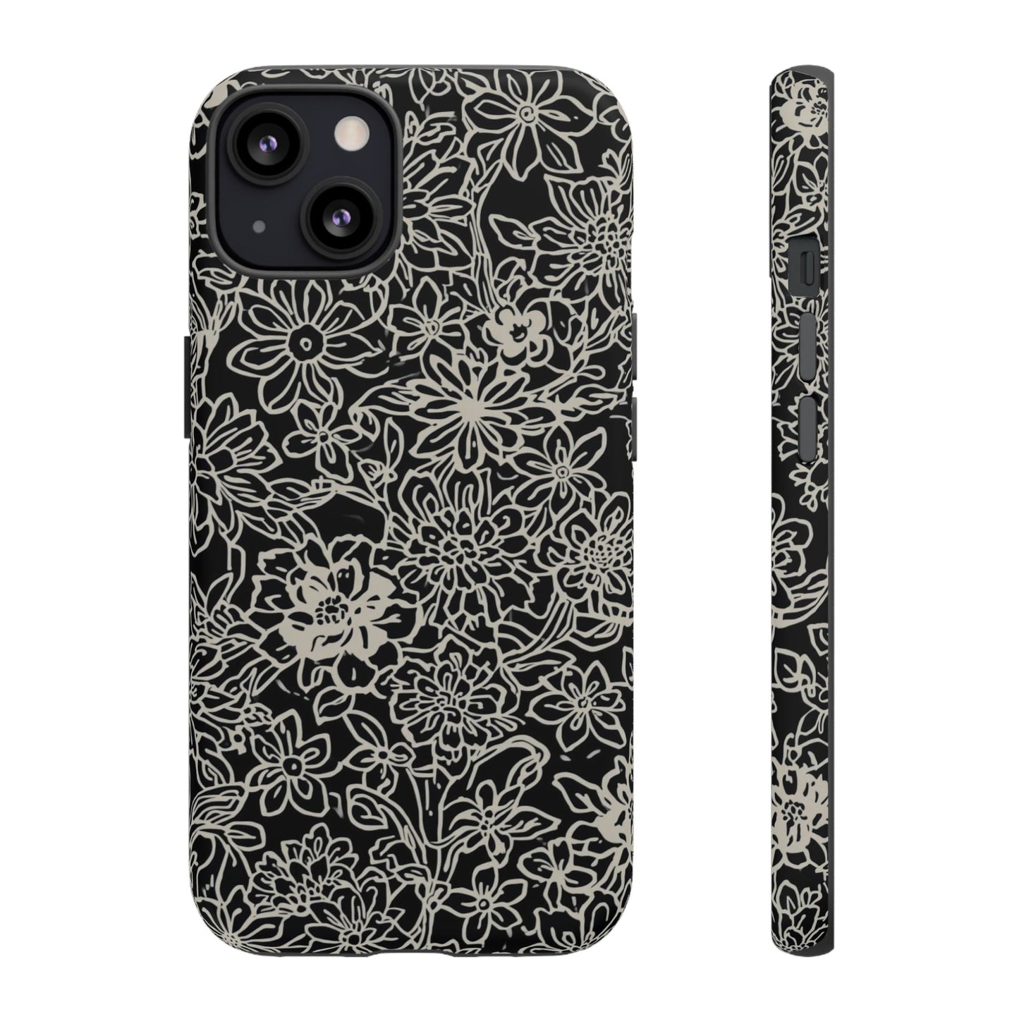 Floral Doodle Tough Phone Case — Black & White Sketch Flower Protective Cover