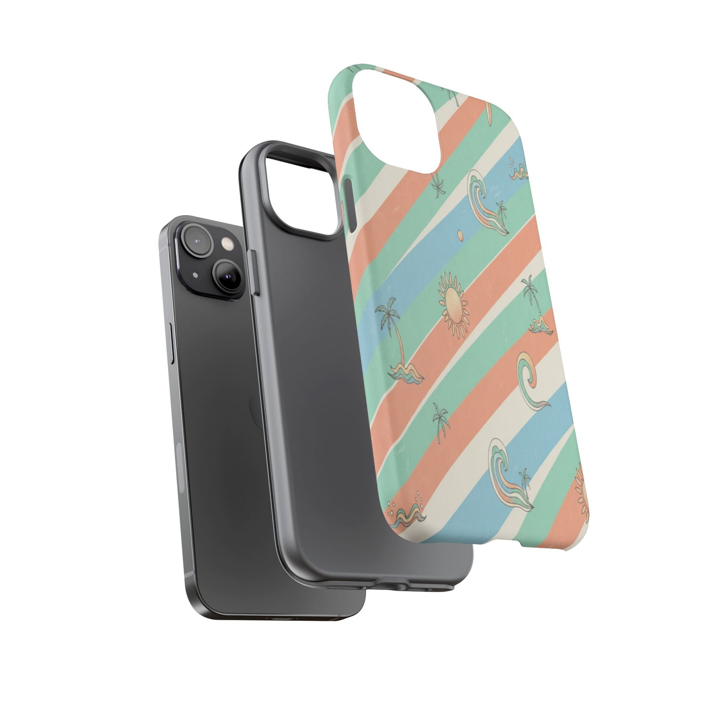 Retro Beach Stripes Phone Case — Sun, Waves & Palm Pattern Tough Case