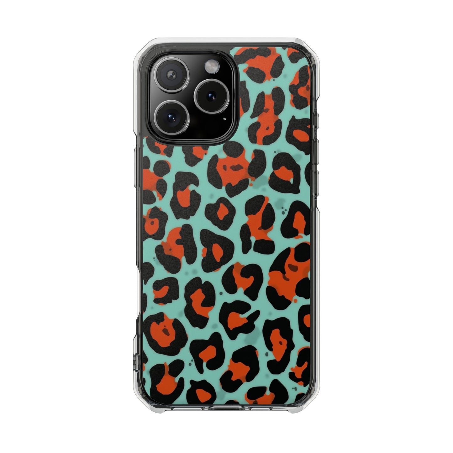 Clear Magnetic Phone Case — Teal & Rust Leopard Print