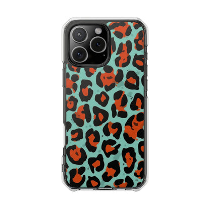 Clear Magnetic Phone Case — Teal & Rust Leopard Print