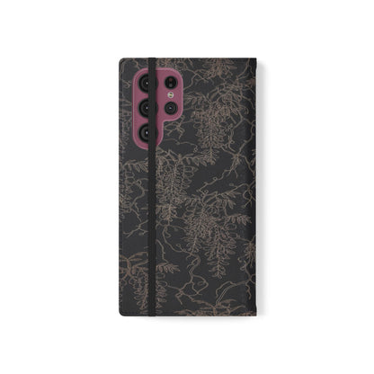 Botanical Noir Flip Phone Case — Dark Floral Wallet Cover with Card Slots