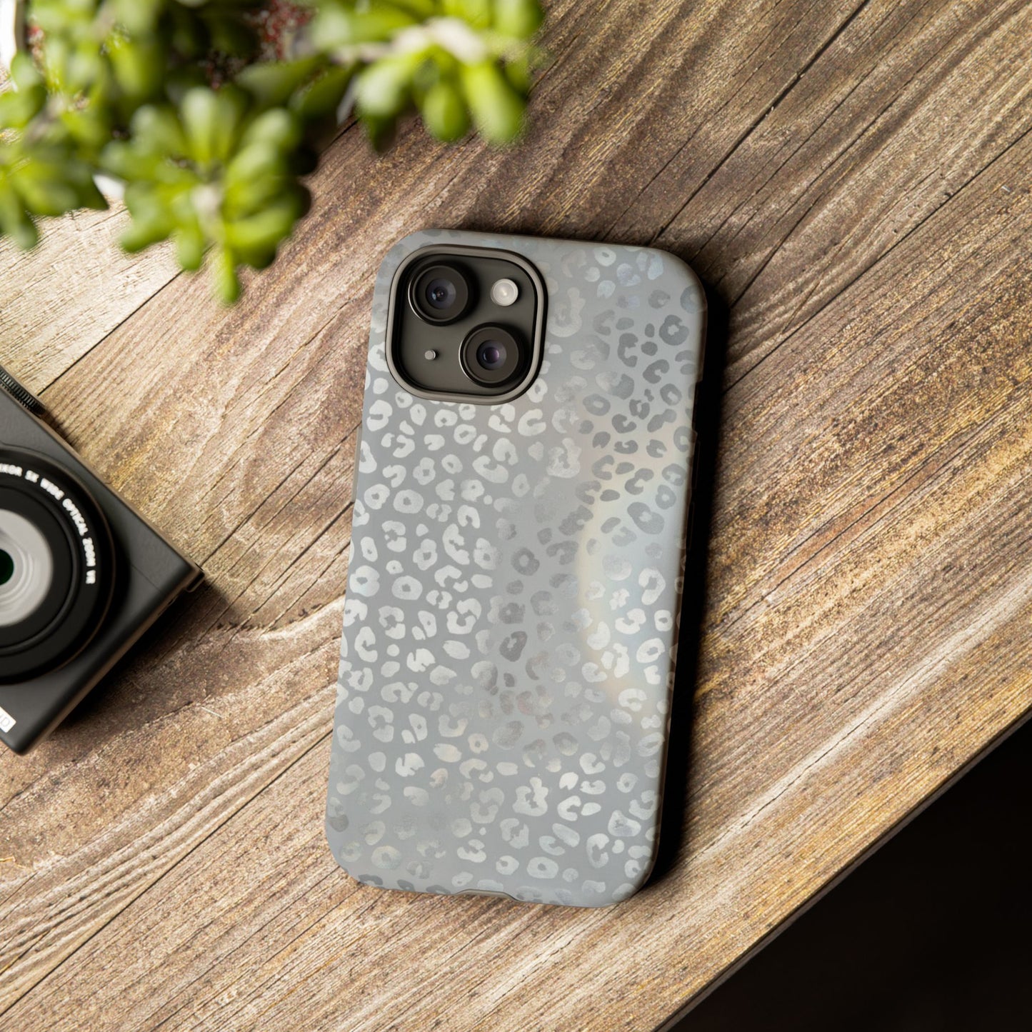 Grey Leopard Print Tough Phone Case — Durable Protective iPhone Cover