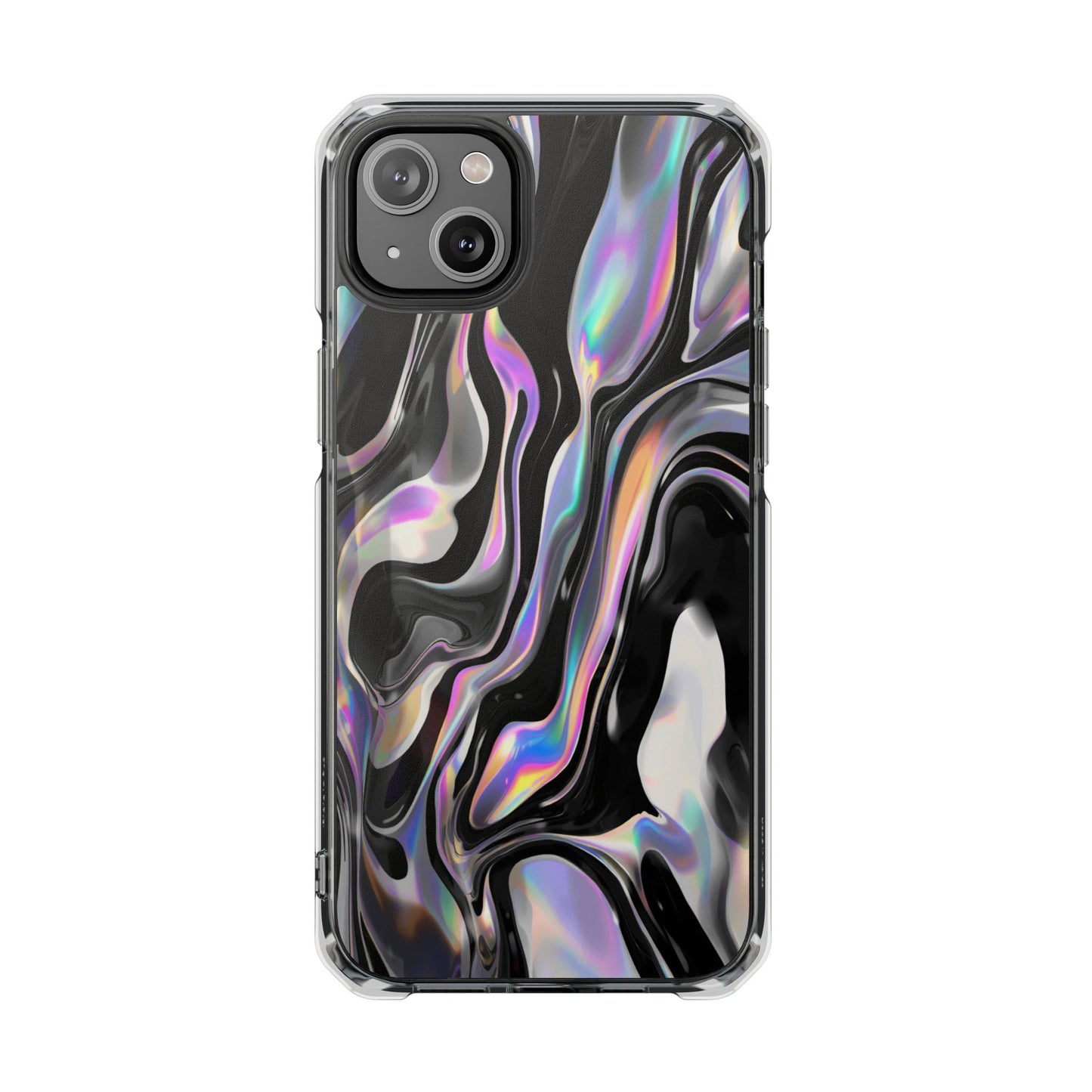 Magnetic Clear Impact Phone Case — Iridescent Black Marble Design