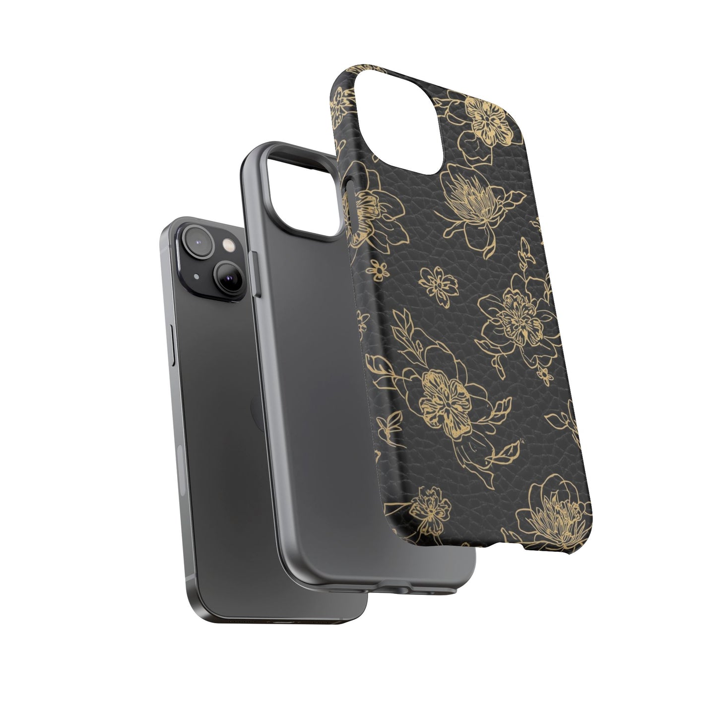 Floral Leather Phone Case — Gold Outline Flowers on Black Tough Case