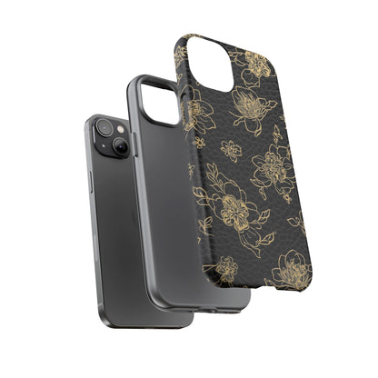 Floral Leather Phone Case — Gold Outline Flowers on Black Tough Case