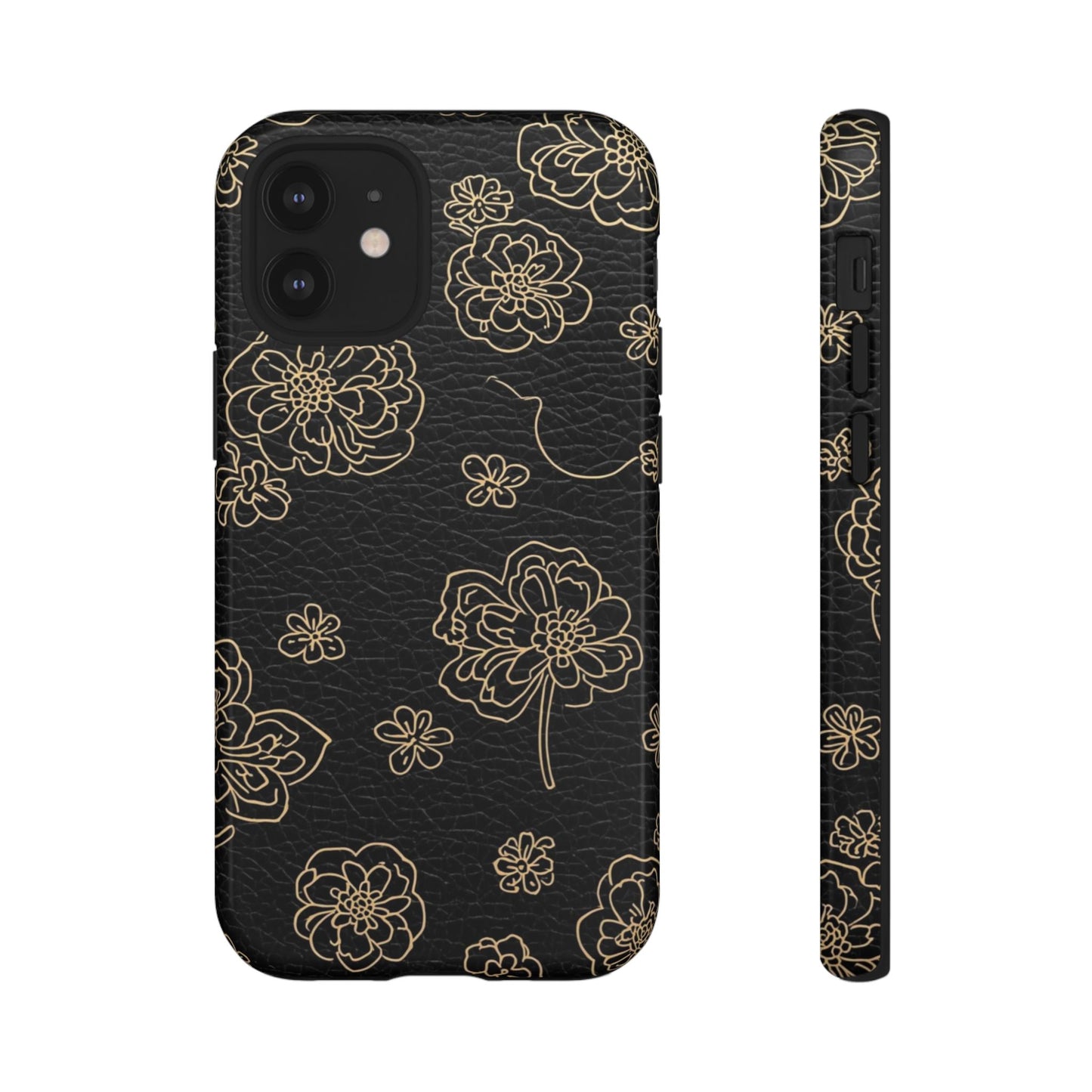 Floral Leather-Texture Tough Case – Black Gold Outline Phone Cover