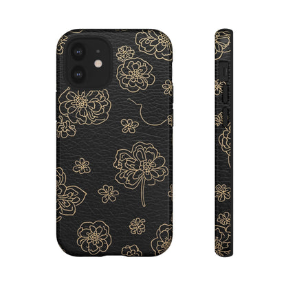 Floral Leather-Texture Tough Case – Black Gold Outline Phone Cover