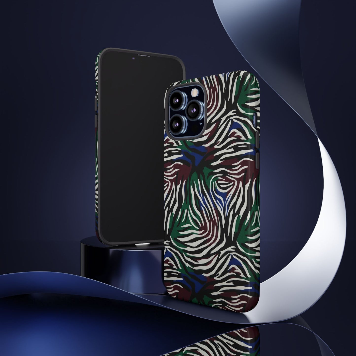 Zebra Camo Tough Phone Case – Green & Blue Animal Print Protective Cover