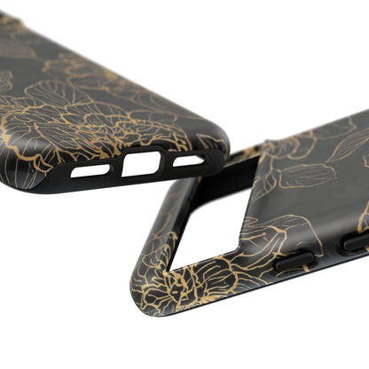 Floral Gold Outline Tough Phone Case – Black Botanical Protective Cover