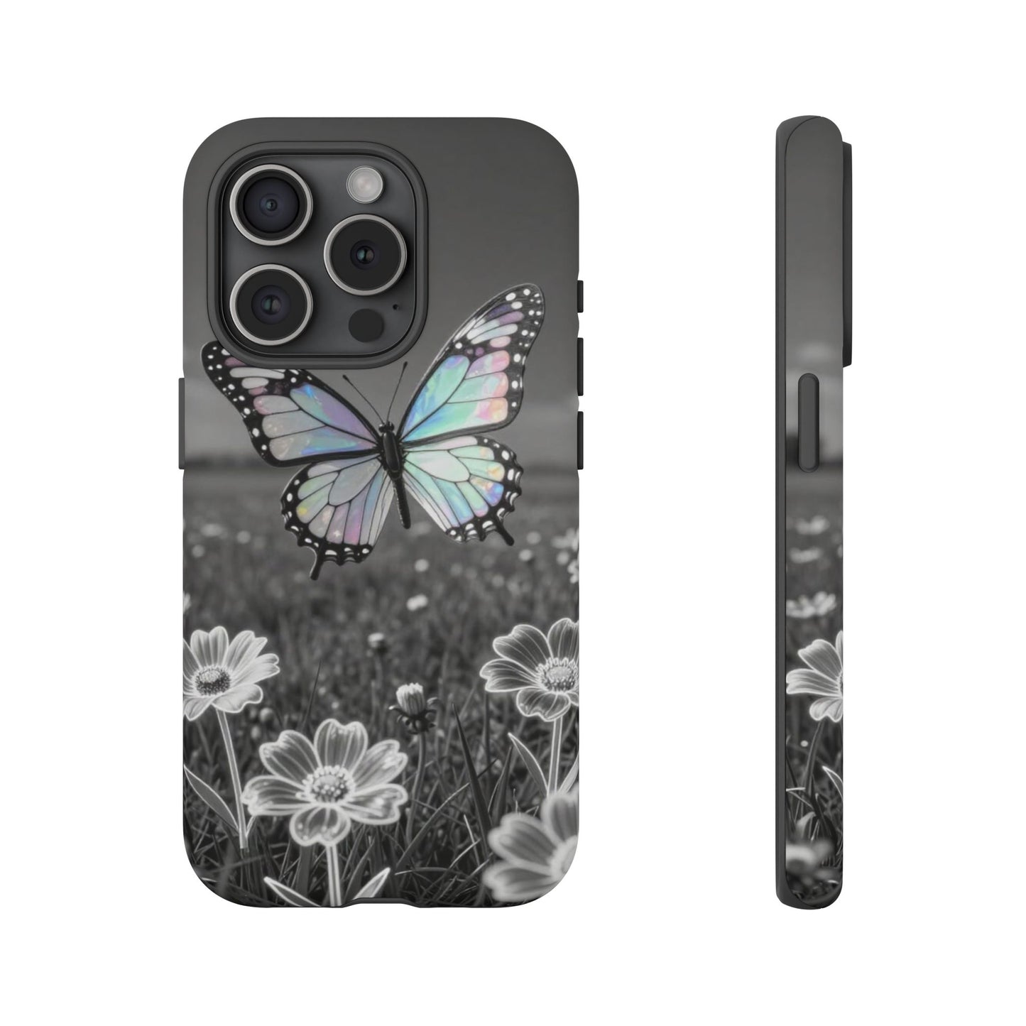 Butterfly Field Tough Phone Case — Pastel Holographic Butterfly on Black & White Floral Background