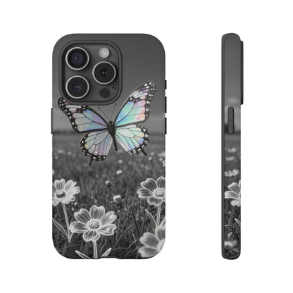 Butterfly Field Tough Phone Case — Pastel Holographic Butterfly on Black & White Floral Background