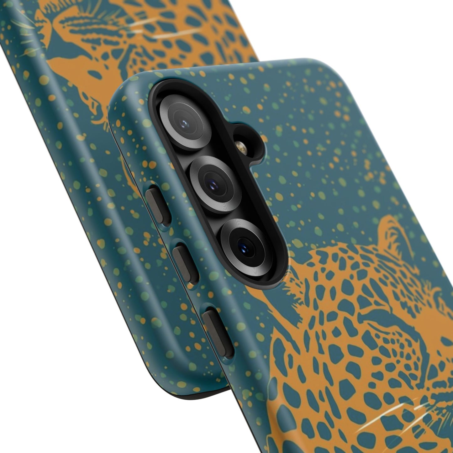 Leopard Print Tough Phone Case — Gold Panther on Teal, Protective iPhone Cover