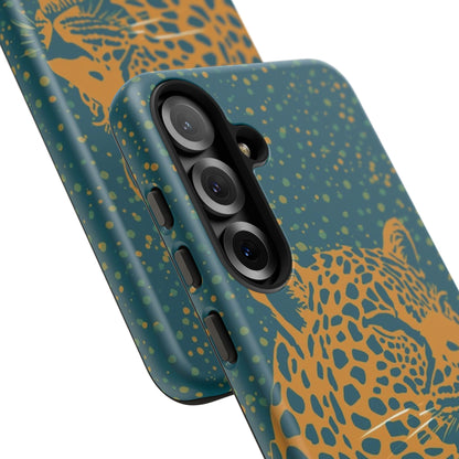 Leopard Print Tough Phone Case — Gold Panther on Teal, Protective iPhone Cover