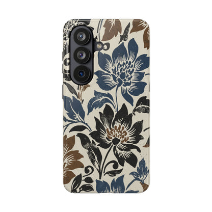 Floral Vintage Tough Phone Case — Blue & Brown Botanical Protection