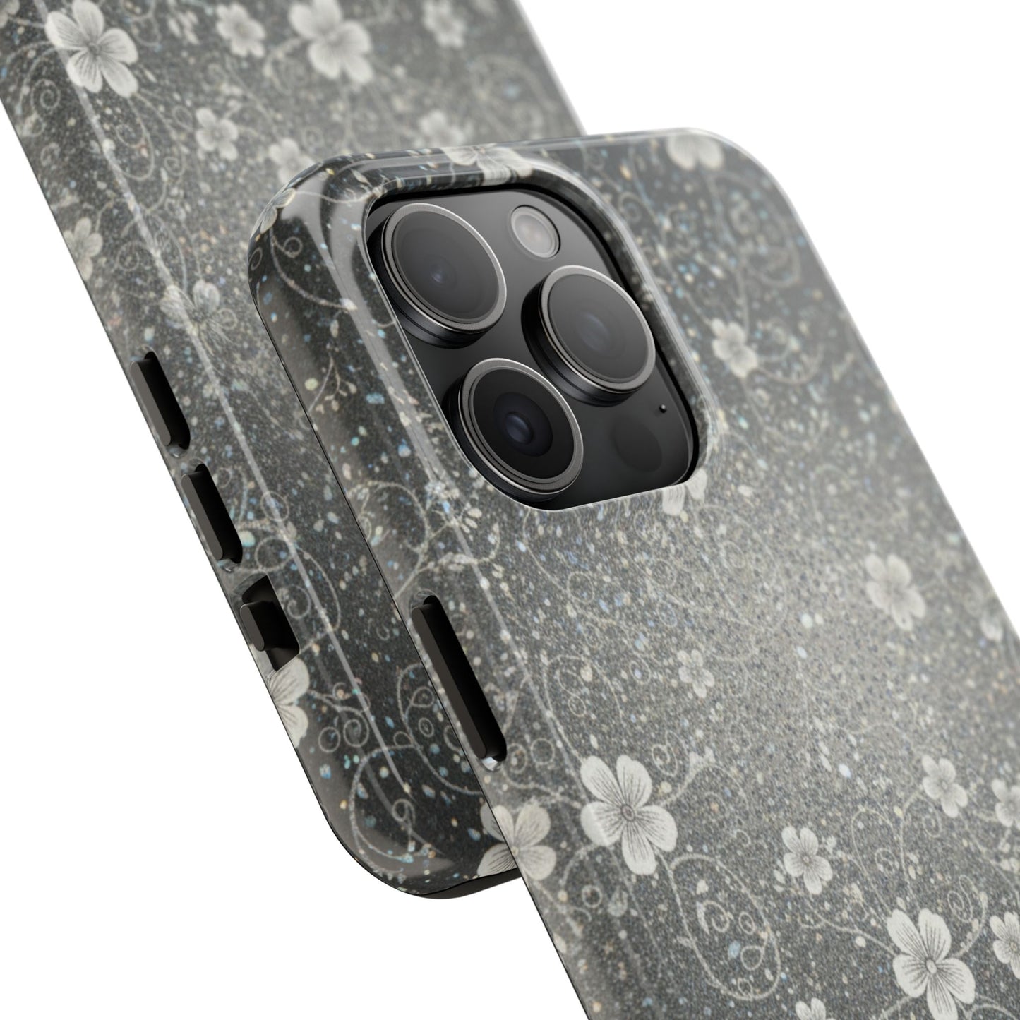 Floral Sparkle Tough Phone Case — Black & Silver Vintage Blossom