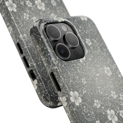 Floral Sparkle Tough Phone Case — Black & Silver Vintage Blossom