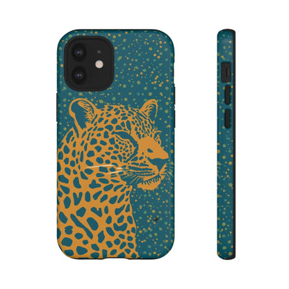 Leopard Print Tough Phone Case — Gold Panther on Teal, Protective iPhone Cover