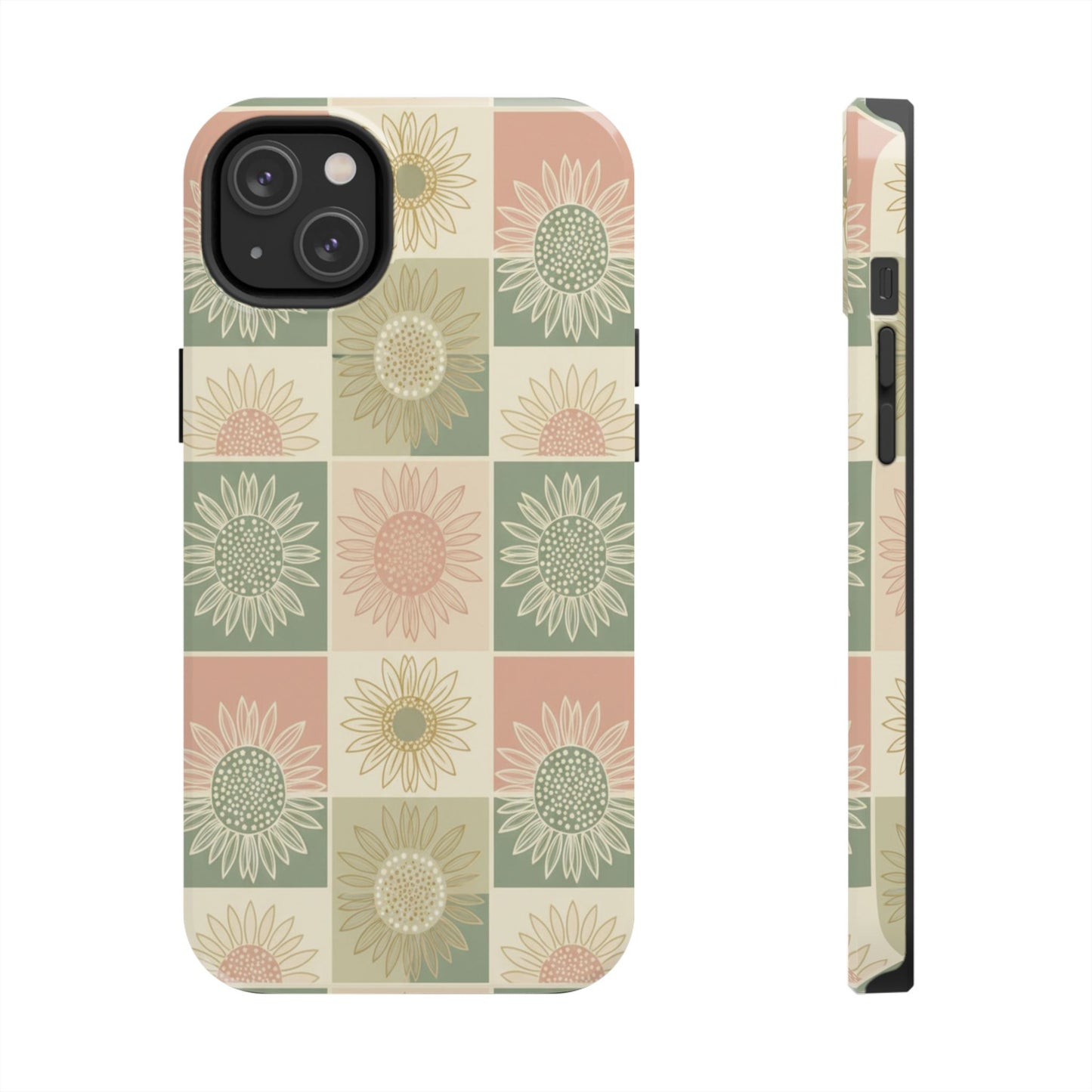 Sunflower Check iPhone Tough Phone Case — Retro Pastel Floral Protective Cover