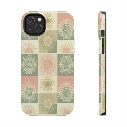 Sunflower Check iPhone Tough Phone Case — Retro Pastel Floral Protective Cover