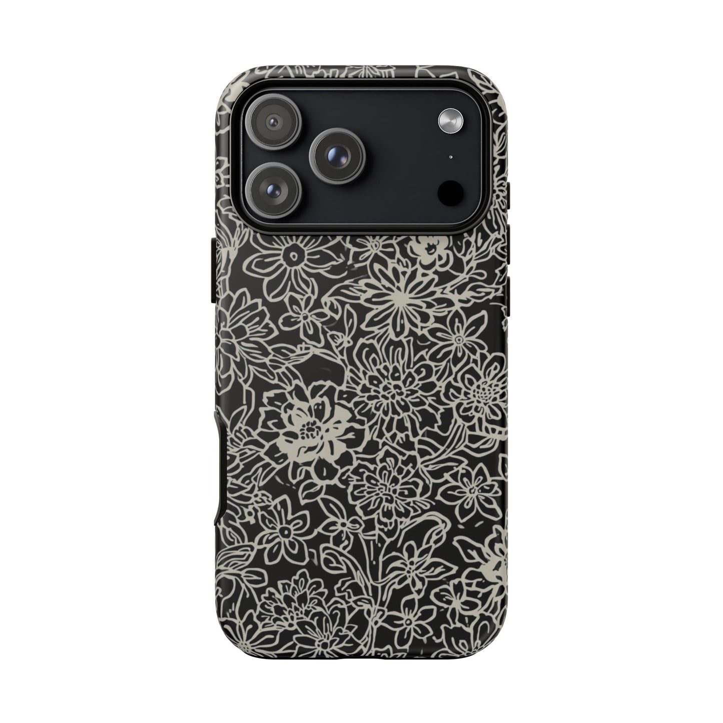 Floral Doodle Tough Phone Case — Black & White Sketch Flower Protective Cover