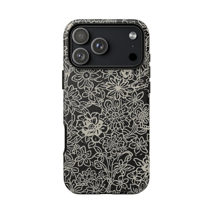 Floral Doodle Tough Phone Case — Black & White Sketch Flower Protective Cover