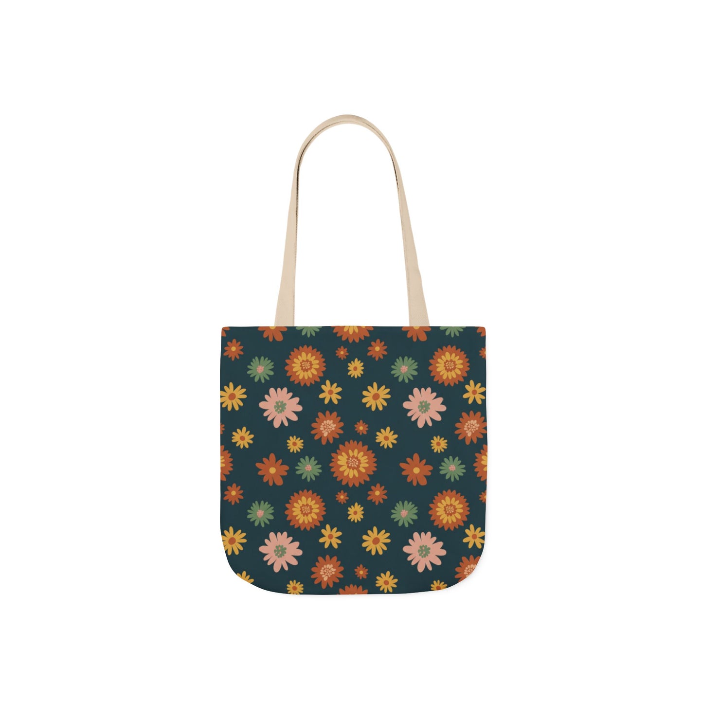 Retro Floral Canvas Tote Bag — Dark Green Sunflower Pattern