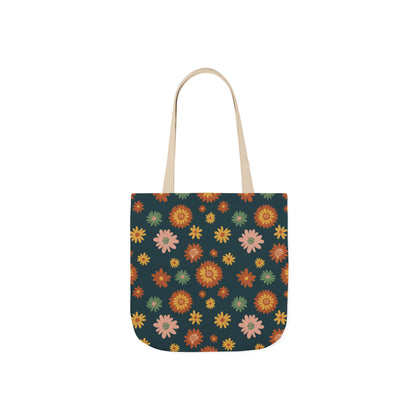 Retro Floral Canvas Tote Bag — Dark Green Sunflower Pattern