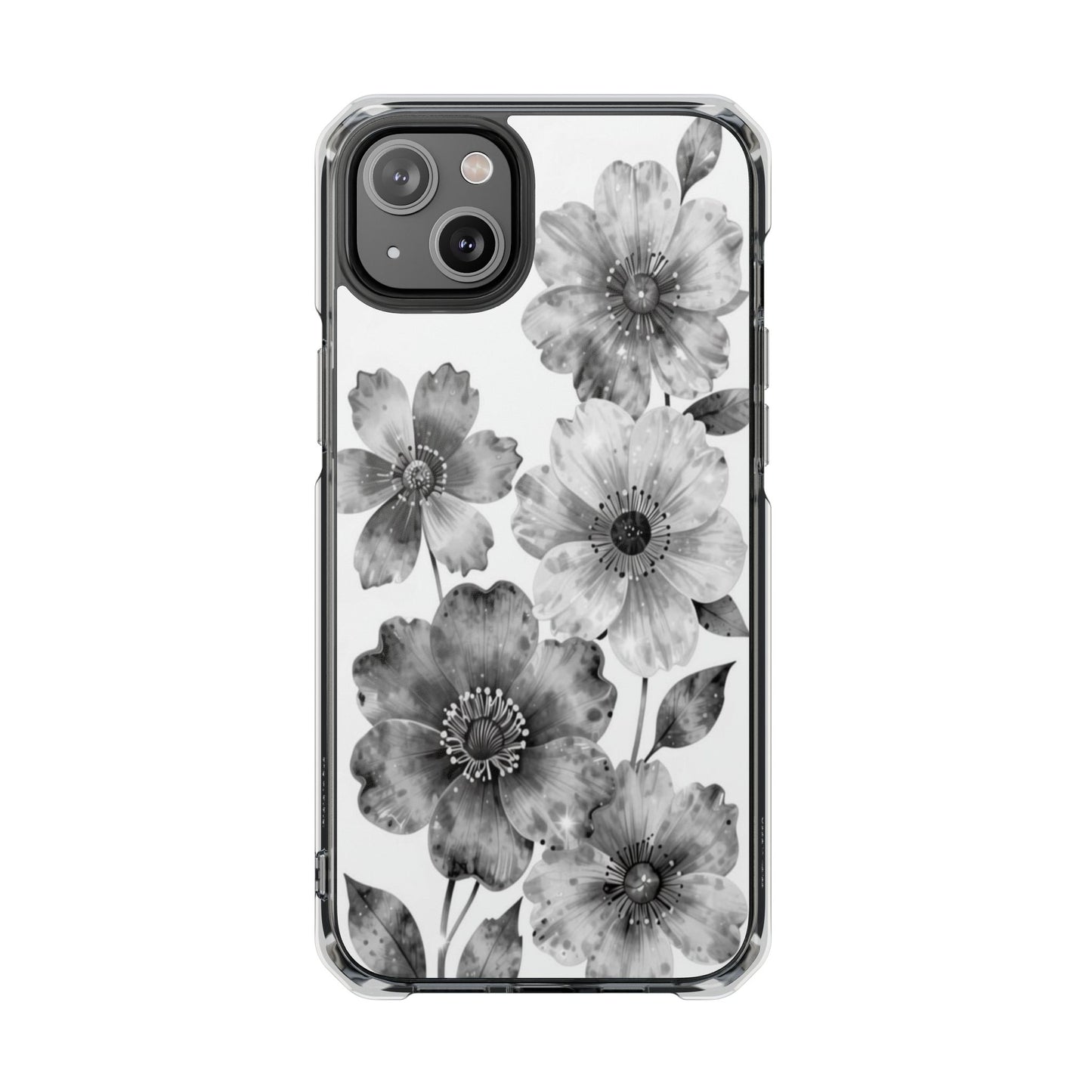Clear Magnetic Phone Case — Black & White Watercolor Floral Design