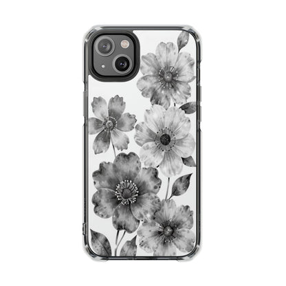 Clear Magnetic Phone Case — Black & White Watercolor Floral Design