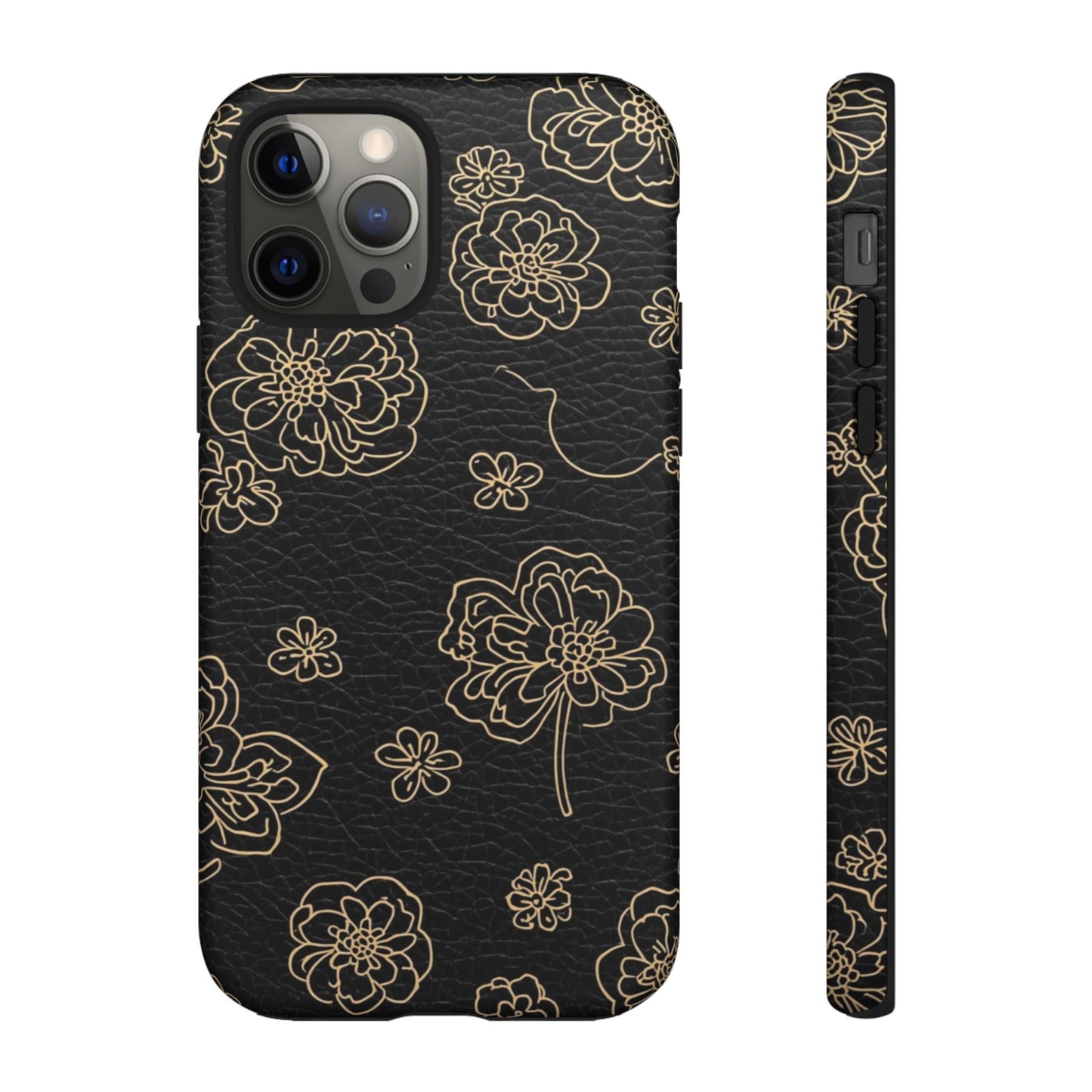 Floral Leather-Texture Tough Case – Black Gold Outline Phone Cover