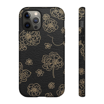 Floral Leather-Texture Tough Case – Black Gold Outline Phone Cover