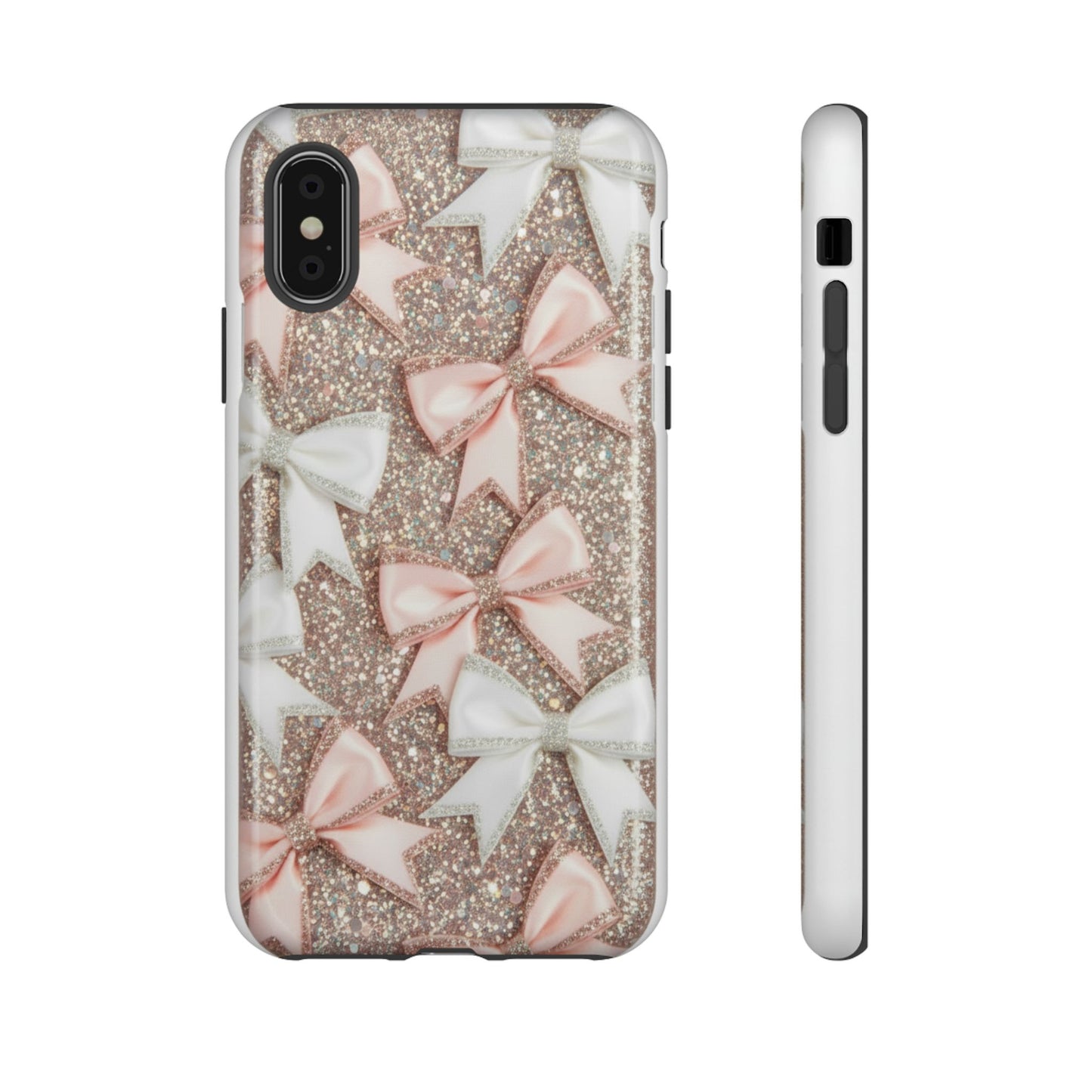 Glitter Bow Tough Phone Case — Pink & White Ribbon Protective Cover
