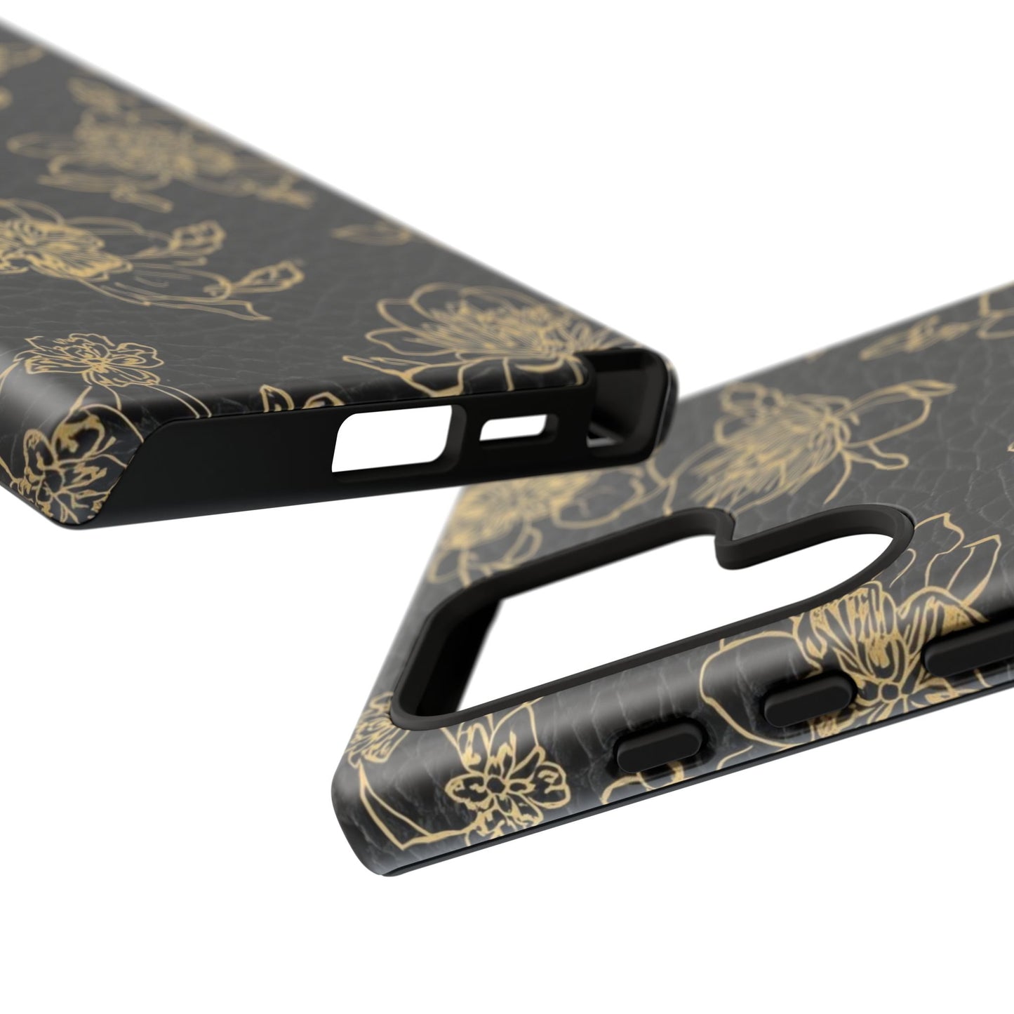 Floral Leather Phone Case — Gold Outline Flowers on Black Tough Case