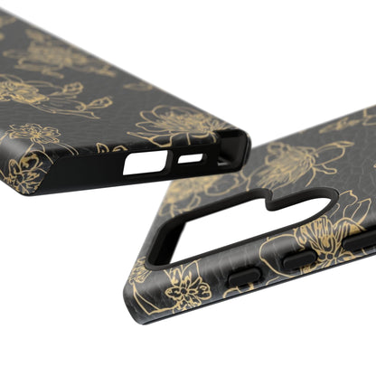 Floral Leather Phone Case — Gold Outline Flowers on Black Tough Case