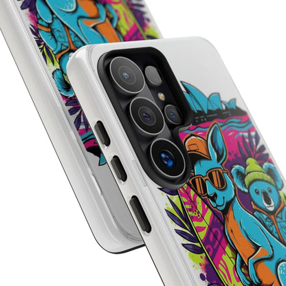 Kangaroo & Koala Surf Phone Case — Retro Neon Beach Art Tough Case