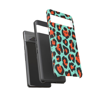 Leopard Print Tough Phone Case — Teal & Rust Protective iPhone Cover