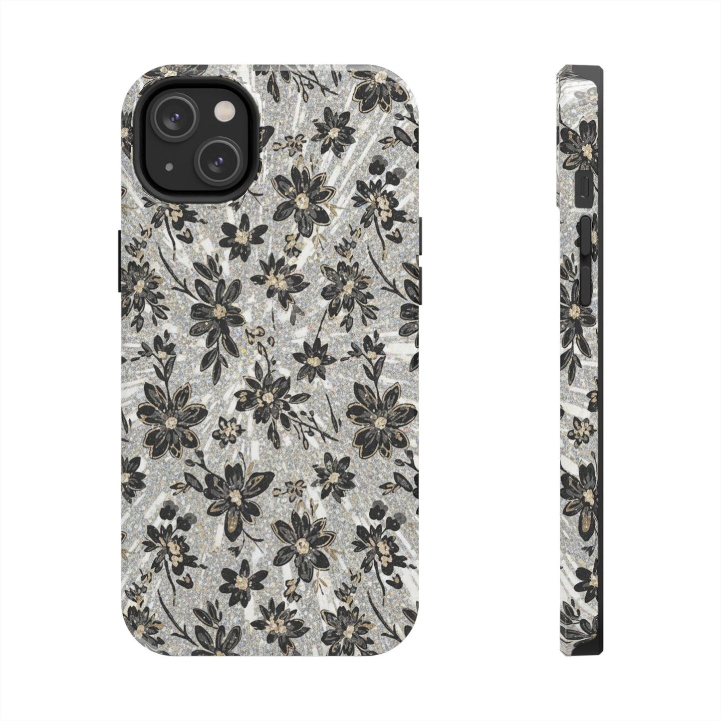 Floral Vintage Tough Phone Case — Black & Gray Rustic Flower Protective Case