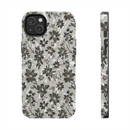 Floral Vintage Tough Phone Case — Black & Gray Rustic Flower Protective Case