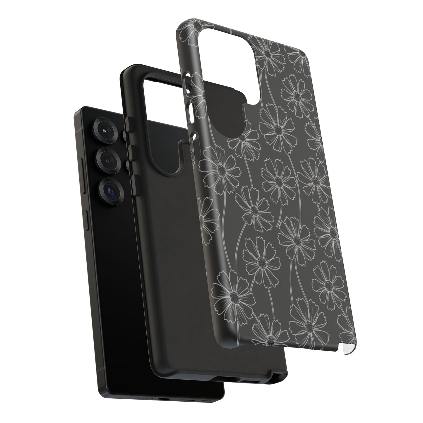 Floral Doodle Tough Phone Case — Black & Gray Daisy Pattern