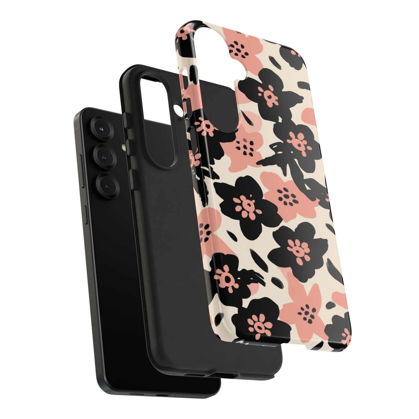 Floral Phone Case — Pink & Black Retro Blossom Protective Cover