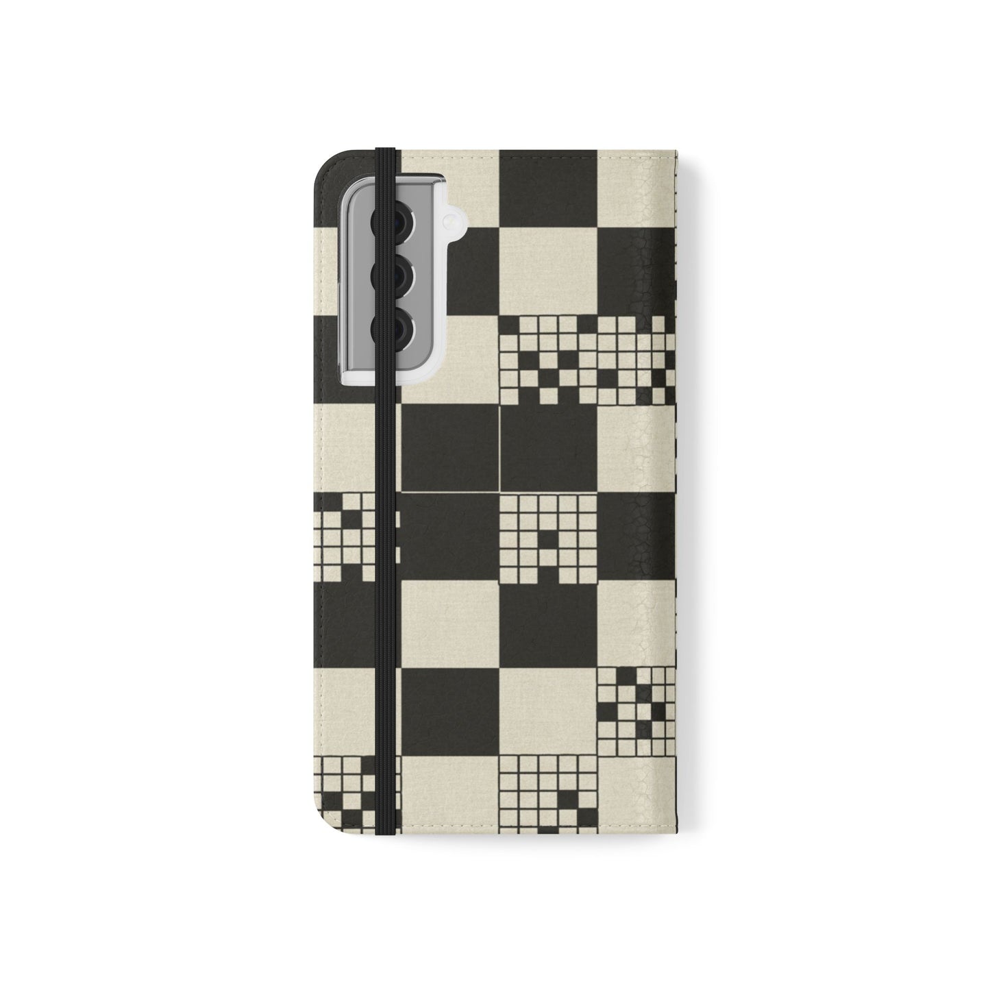 Checkerboard Flip Phone Case – Retro Black & Cream Geometric Wallet Case