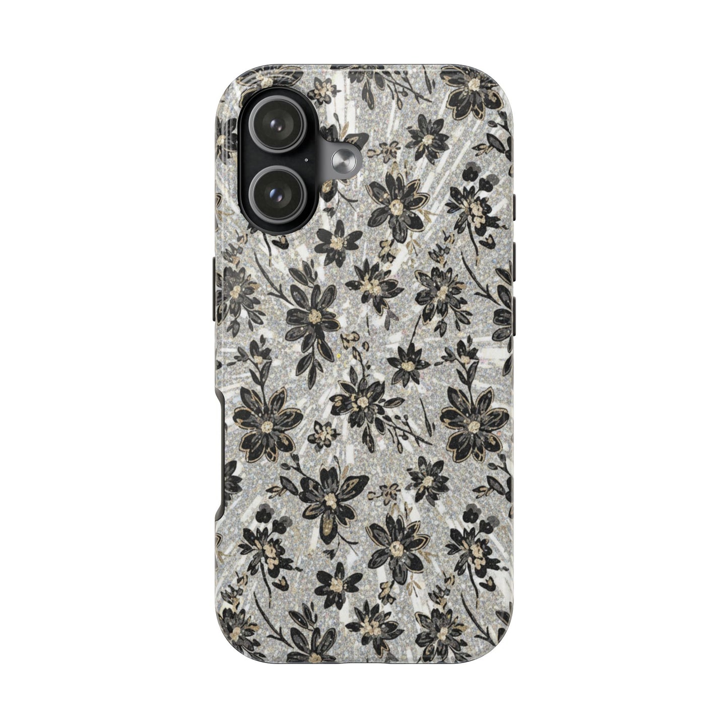 Floral Vintage Tough Phone Case — Black & Gray Rustic Flower Protective Case