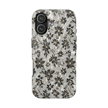 Floral Vintage Tough Phone Case — Black & Gray Rustic Flower Protective Case