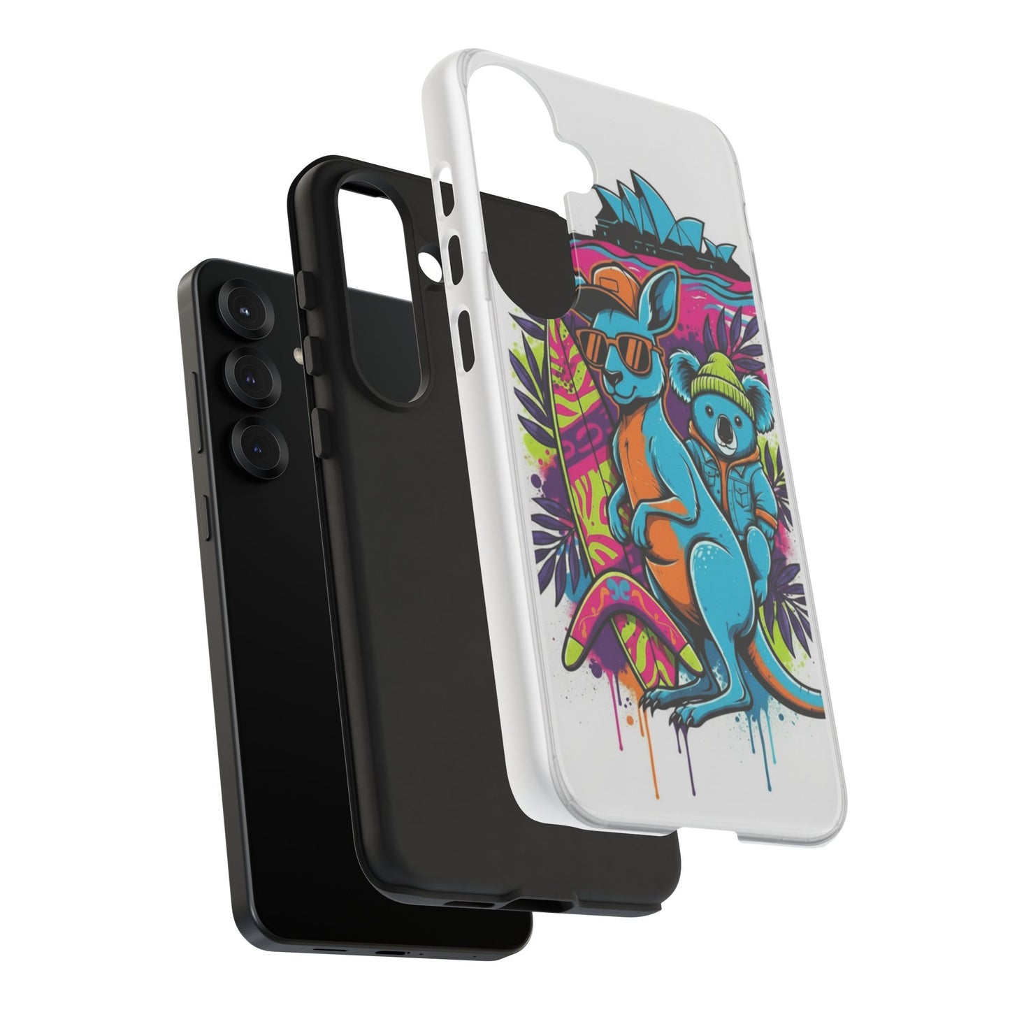 Kangaroo & Koala Surf Phone Case — Retro Neon Beach Art Tough Case