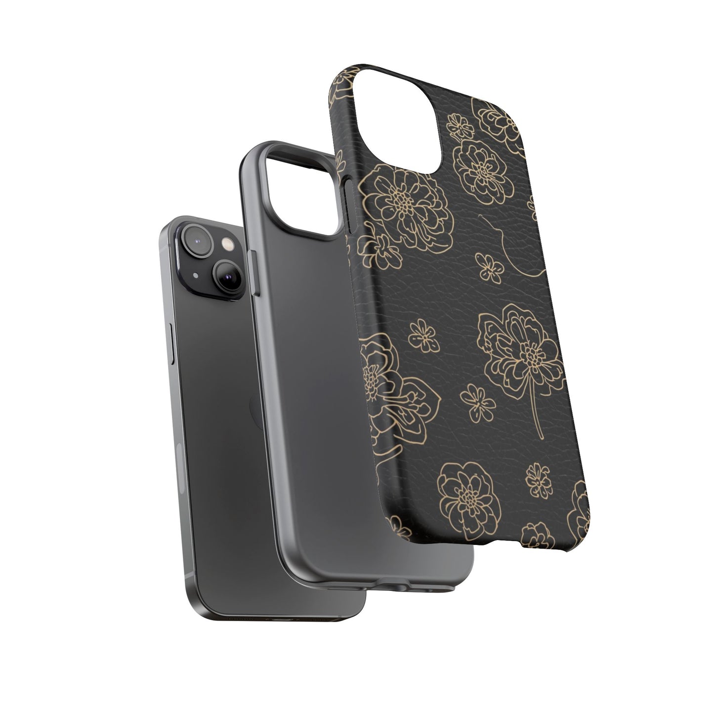 Floral Leather-Texture Tough Case – Black Gold Outline Phone Cover