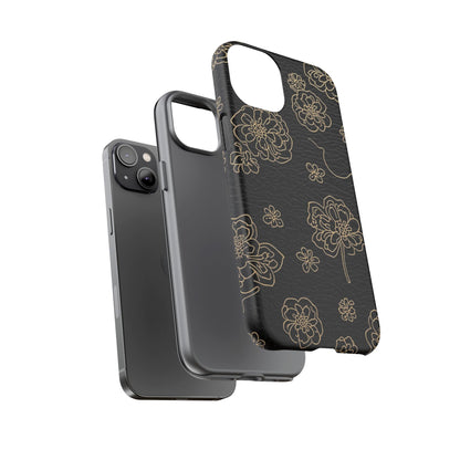 Floral Leather-Texture Tough Case – Black Gold Outline Phone Cover