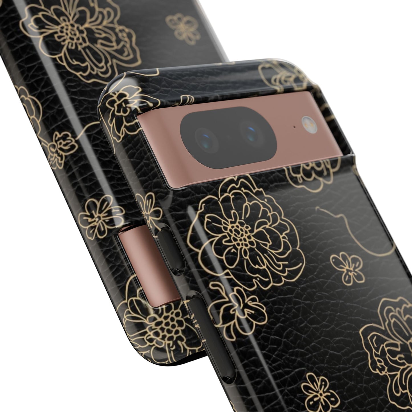 Floral Leather-Texture Tough Case – Black Gold Outline Phone Cover