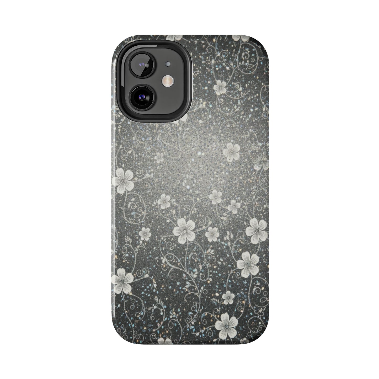 Floral Sparkle Tough Phone Case — Black & Silver Vintage Blossom